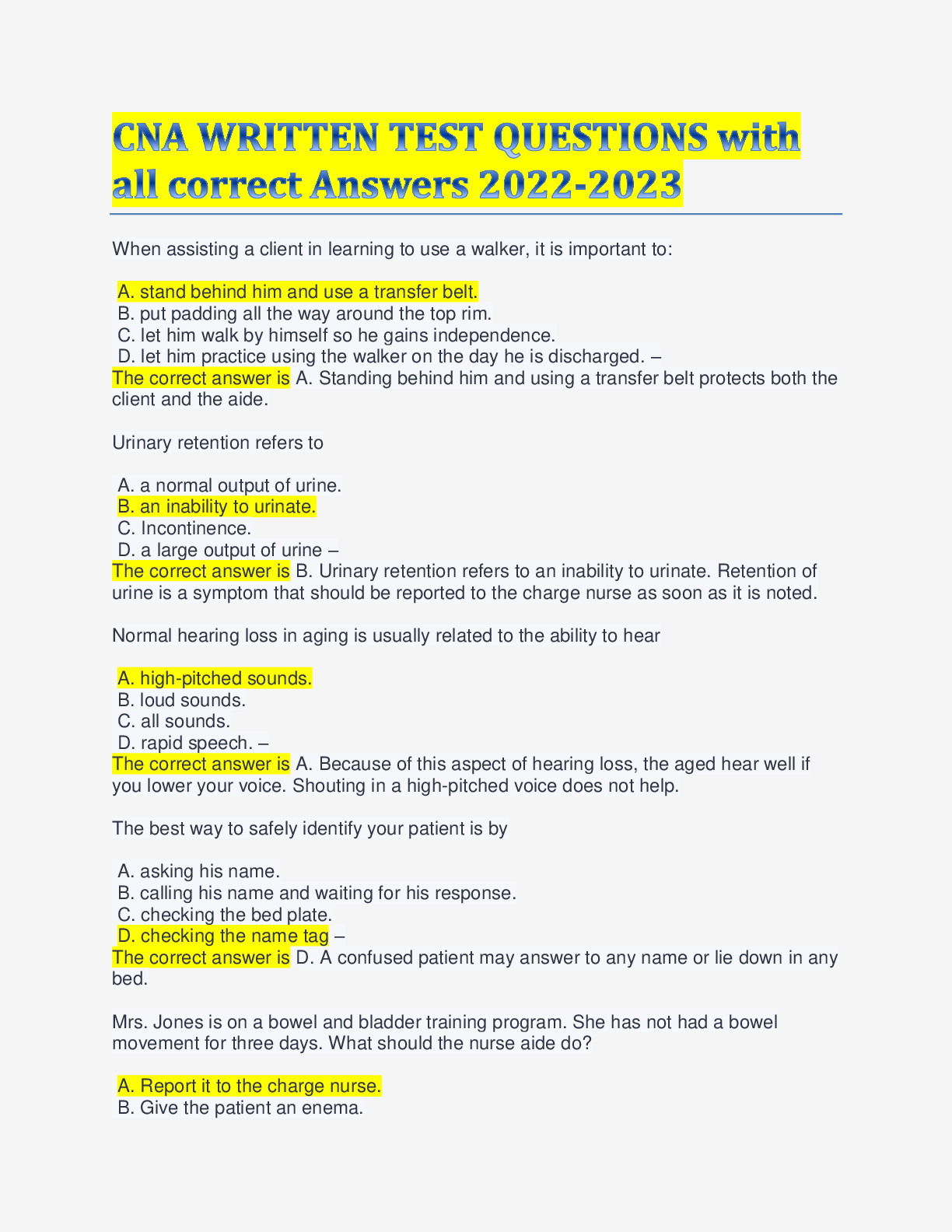Preview image for CNA WRITTEN TEST QUESTIONS with all correct Answers 2022-2023